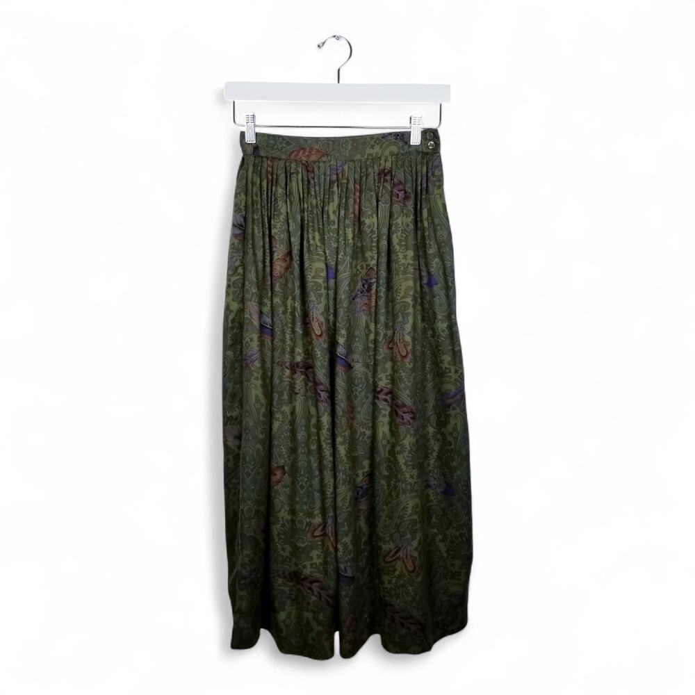 Vintage HERMAN GEIST 80s Full Pleat Rayon Midi Paisley Feather Motif Skirt - 6